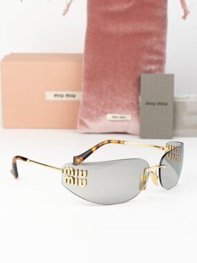 Miu Miu Women Sunglasses Gold Grey Rectangle Rimless MUA51S 5AK50K NEW AUTHENTIC